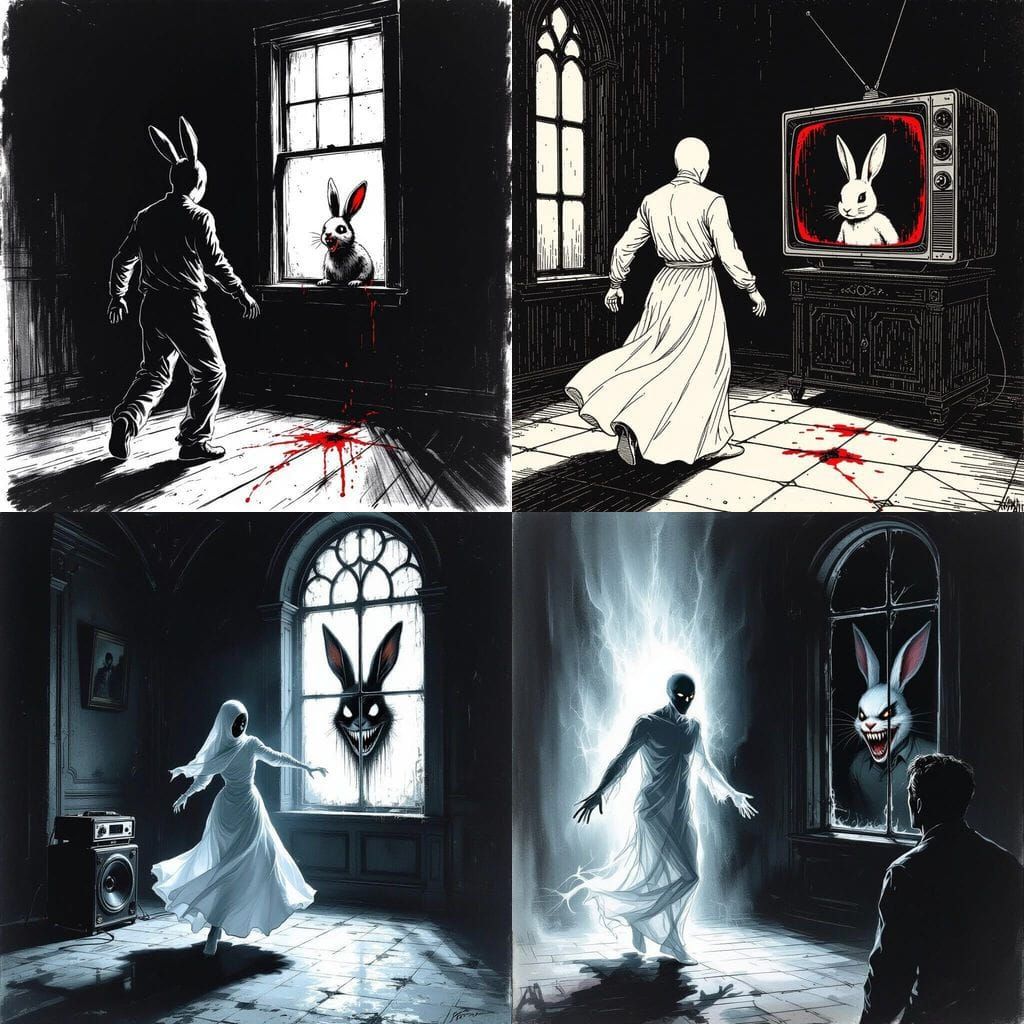 Horror Scene: Dancing Figure and Smiling Rabbit