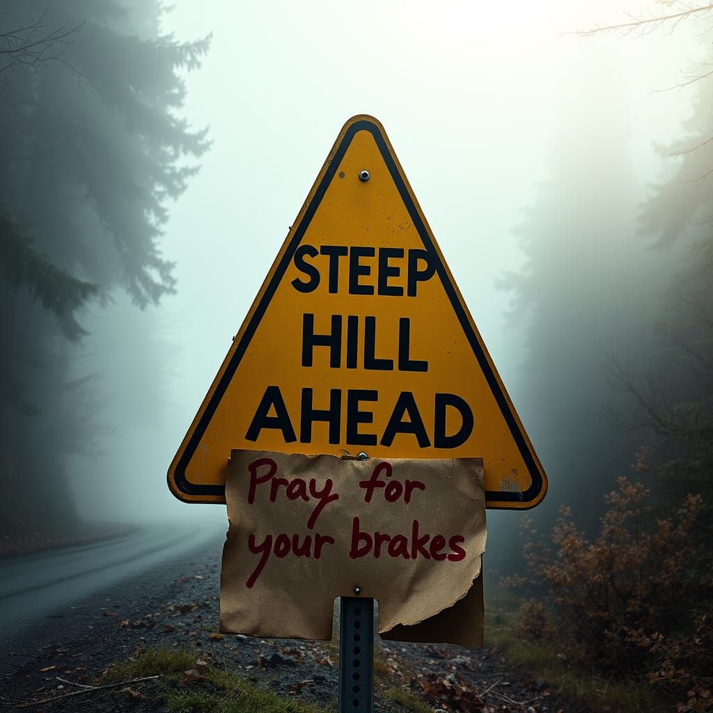 Steep Hill Ahead: A Weathered Warning Sign in Eerie Fog