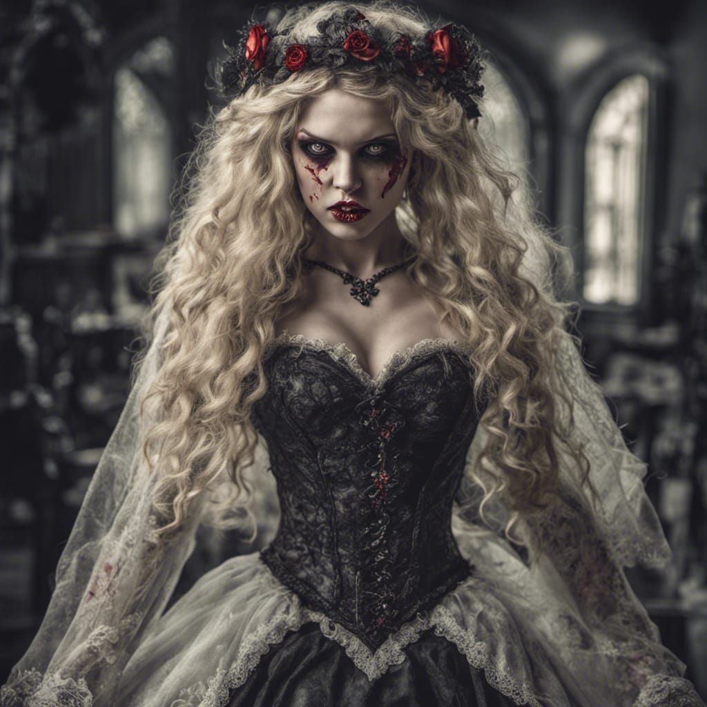 Victorian Goth Vampire Bride in Hyperrealistic Style