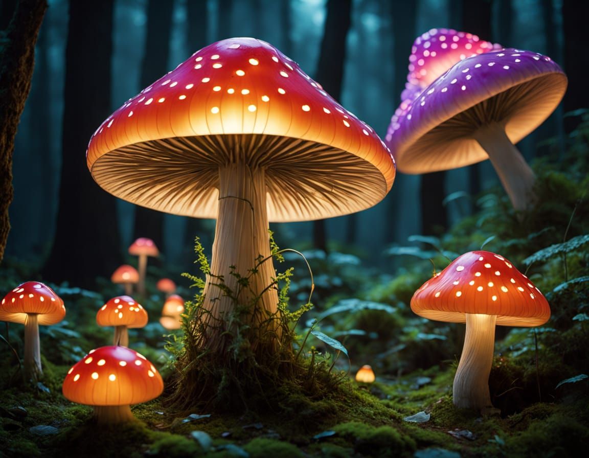 Glamorous Fly Woman Dancing on Glowing Mushroom