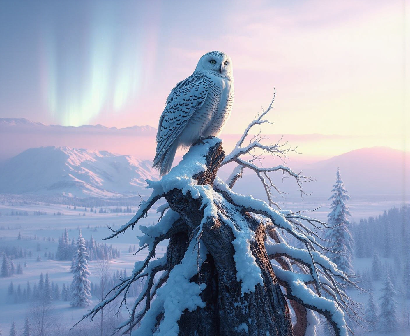 Majestic Snow Owl in Winter Forest, Hyperrealistic Art
