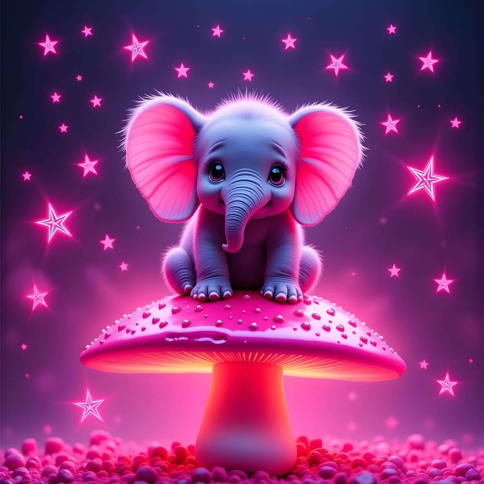 Cute Microscopic Elephant on Mushroom in Pink Glow