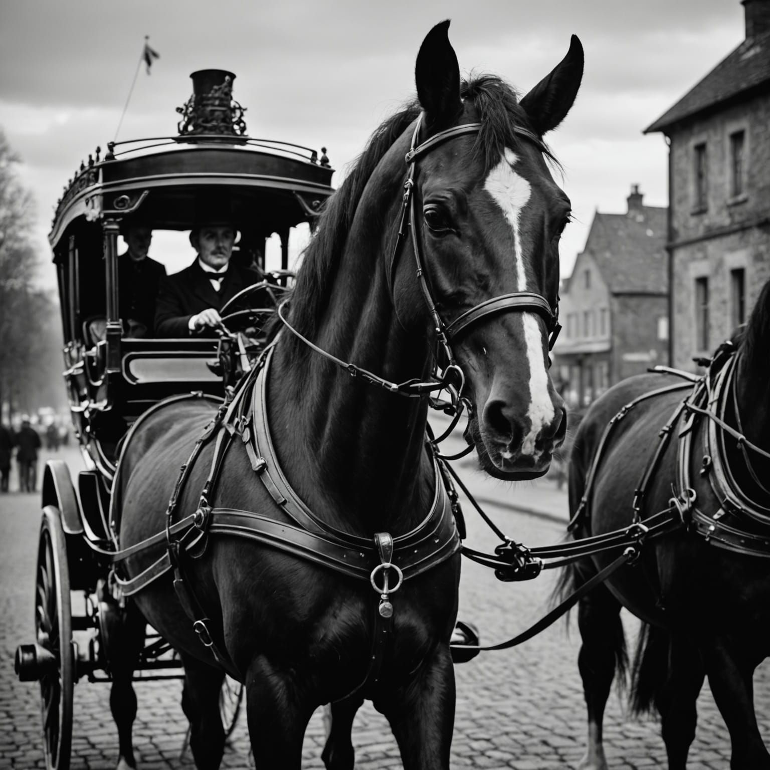 Horse and Carriage Portrait in Black and White