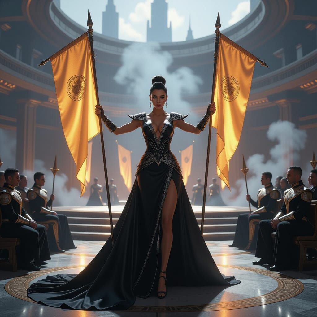 Cinematic Sci-Fi Scene: Senate Chamber in Ruins