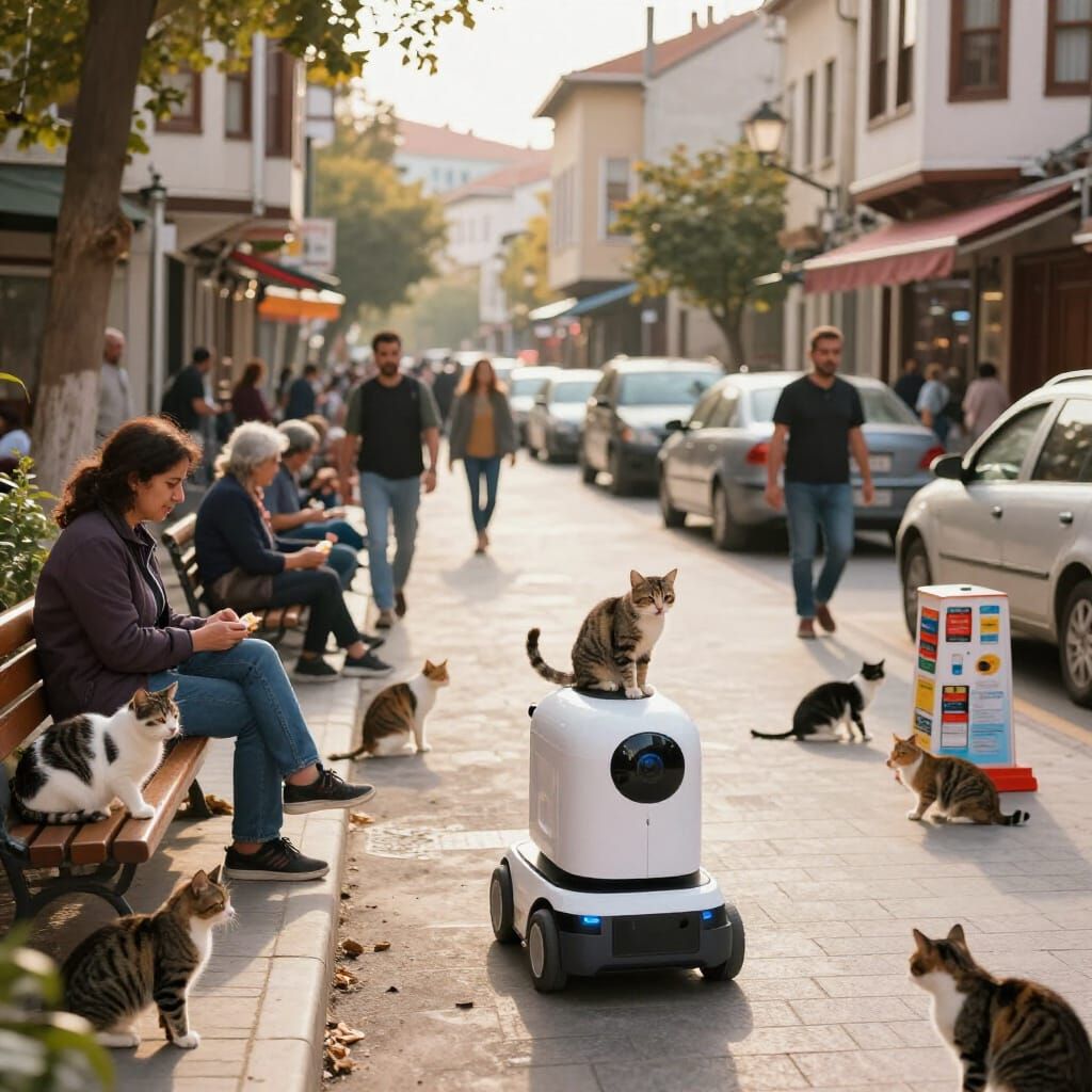 Bustling Turkish Street with Cats and Robot