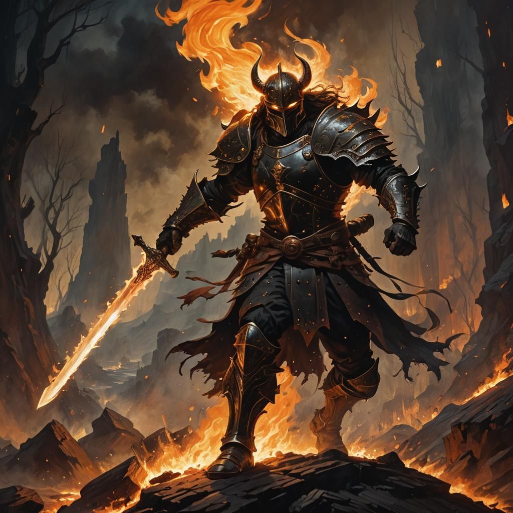 Warrior Wields Flame Sword in Dark Fantasy Art