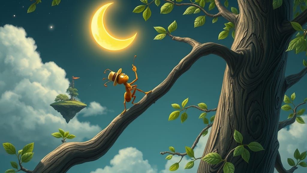 Ant Reaching for the Moon: Miyazaki-Inspired Whimsy