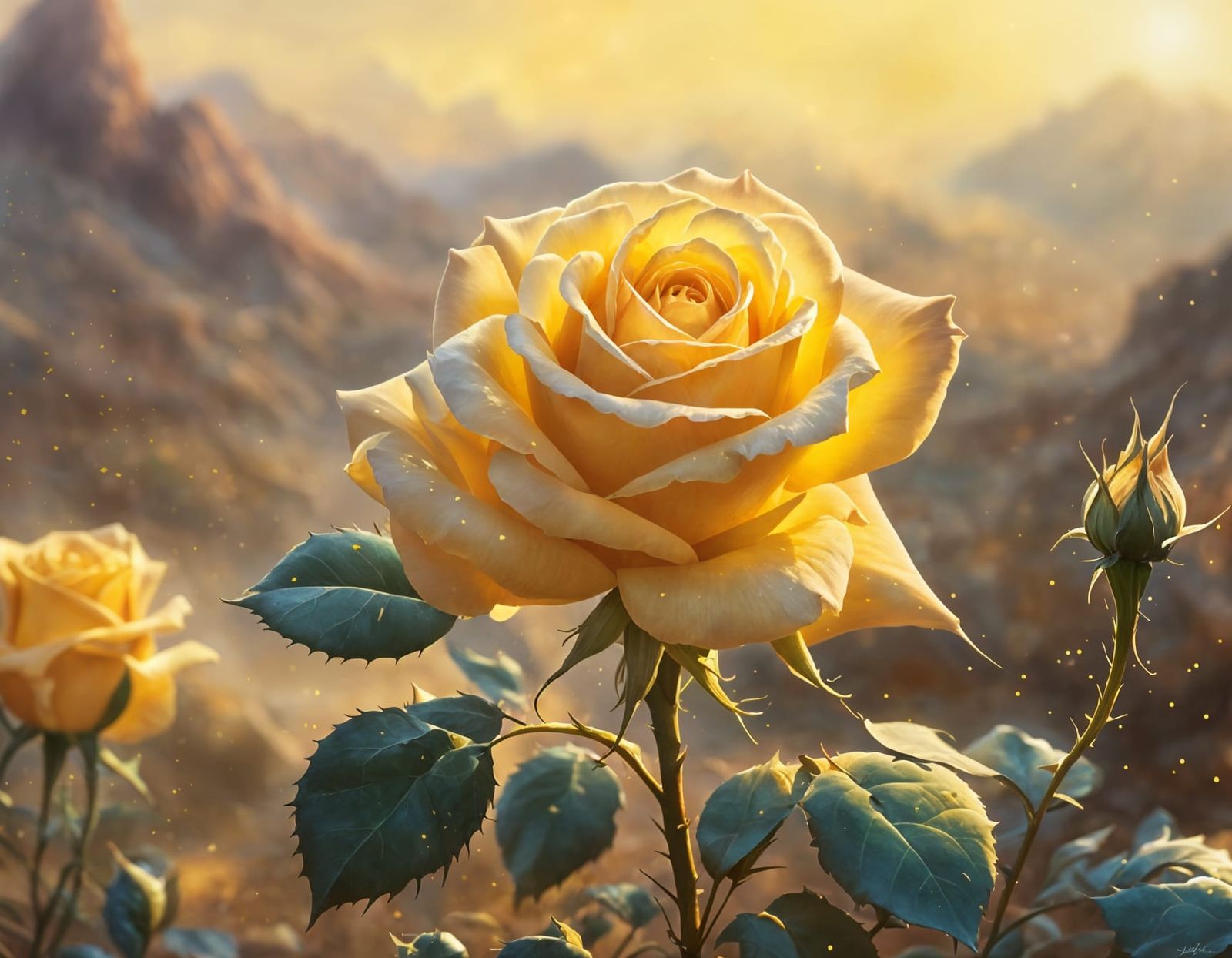 Yellow Rose in Desert Sunrise: Hyperdetailed Fantasy