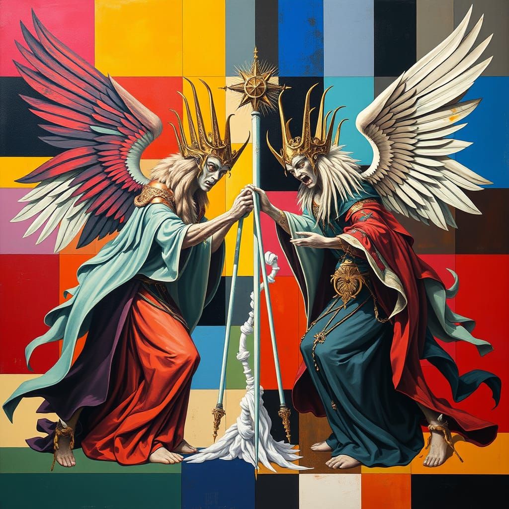 Gnostic Angels Clash in Geometric Oil Painting