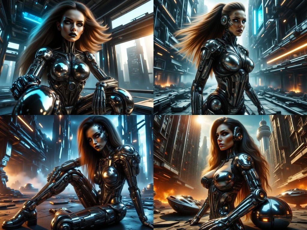 CyberGothic Woman Cyborg in Futuristic Rebuilding Scene