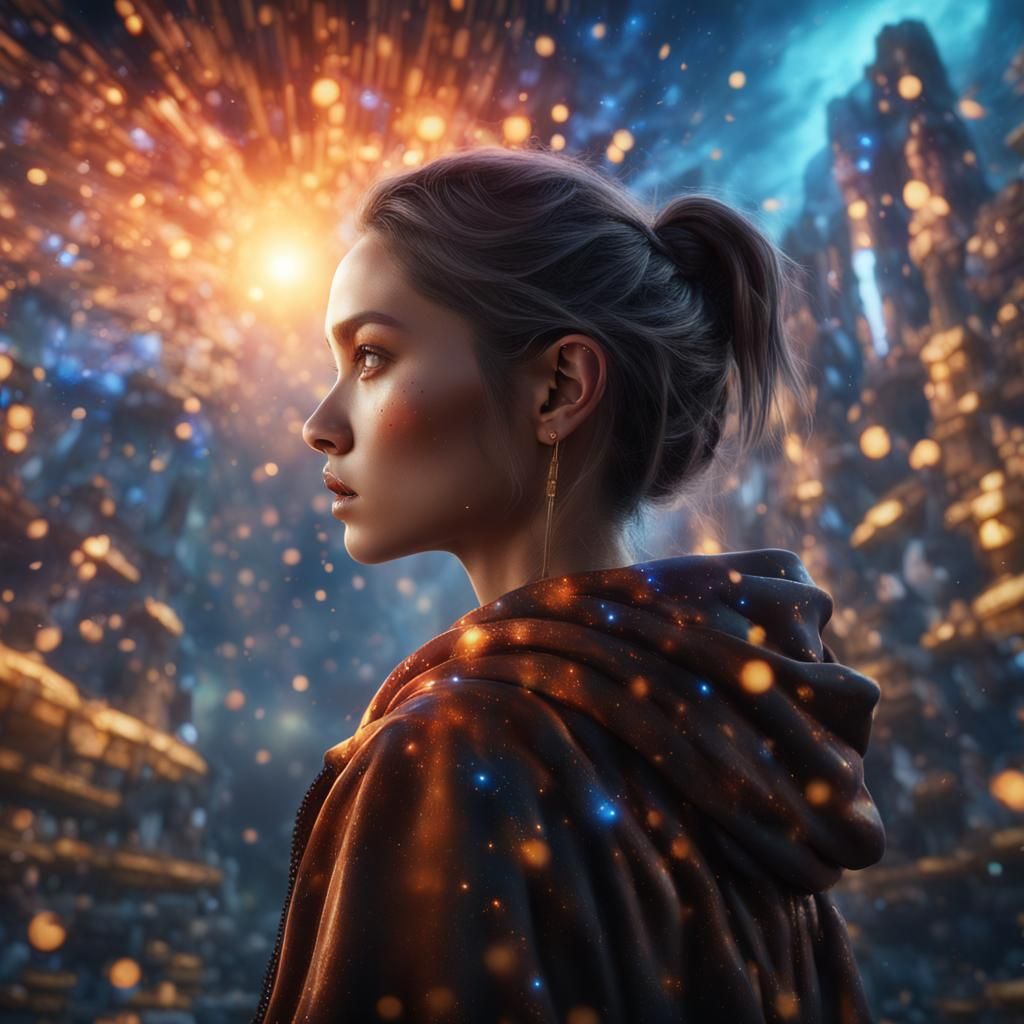Gorgeous Girl Watches Chaos of Space in Surreal Style