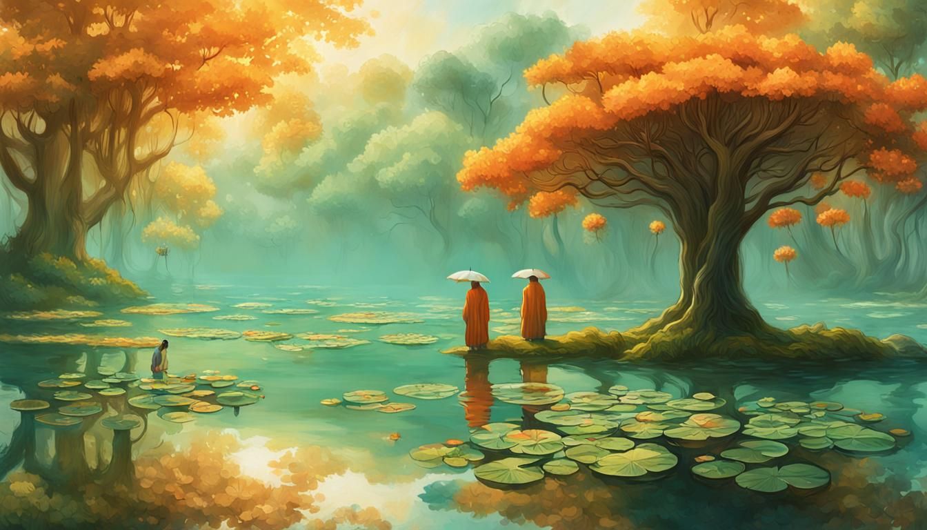 Figures in Orange Cloaks by Water Lilies