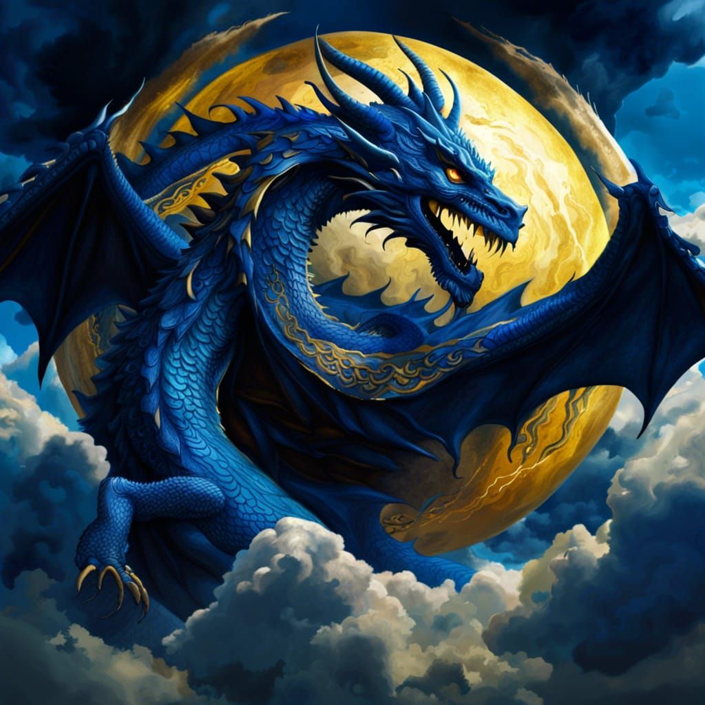 Blue and Gold Dragon Protecting its Egg