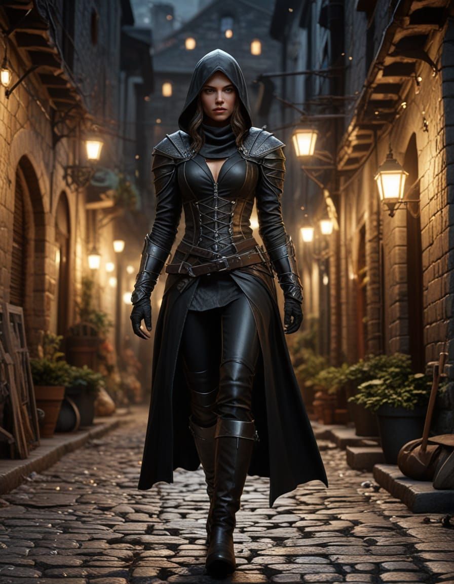 Beautiful Female Rogue in Medieval Fantasy Alley