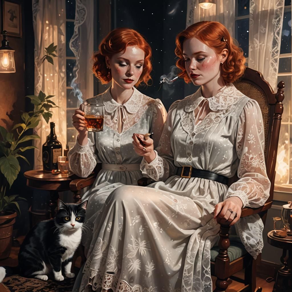 Redhead and Cat in Dreamy Nighttime Serenity