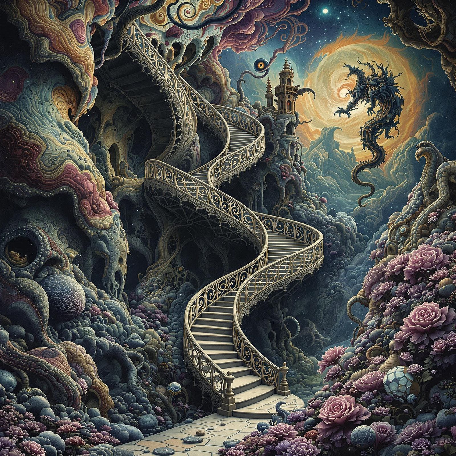 Vibrant Surrealist Stairway Labyrinth Amidst Mandelbrot Frac...