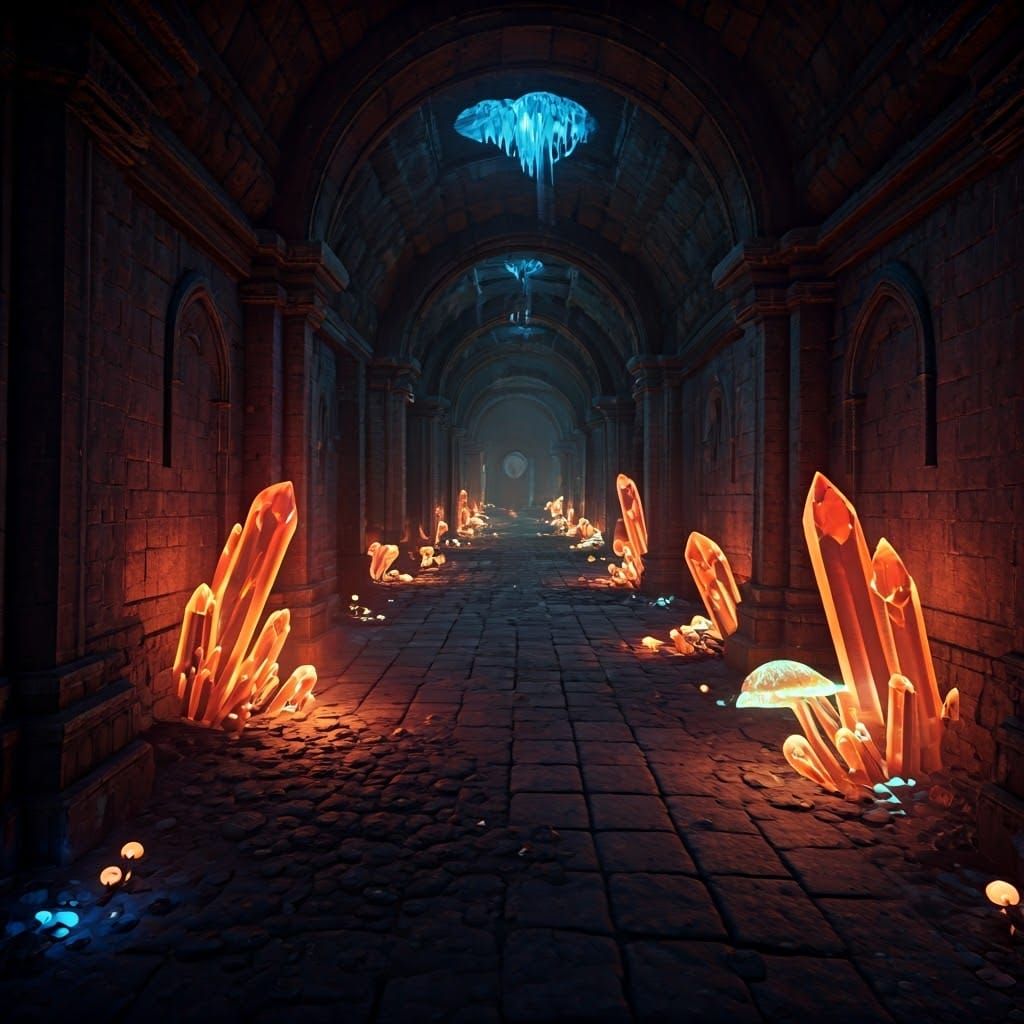 Crypt Corridor Lit by Fire Crystals and Mushrooms
