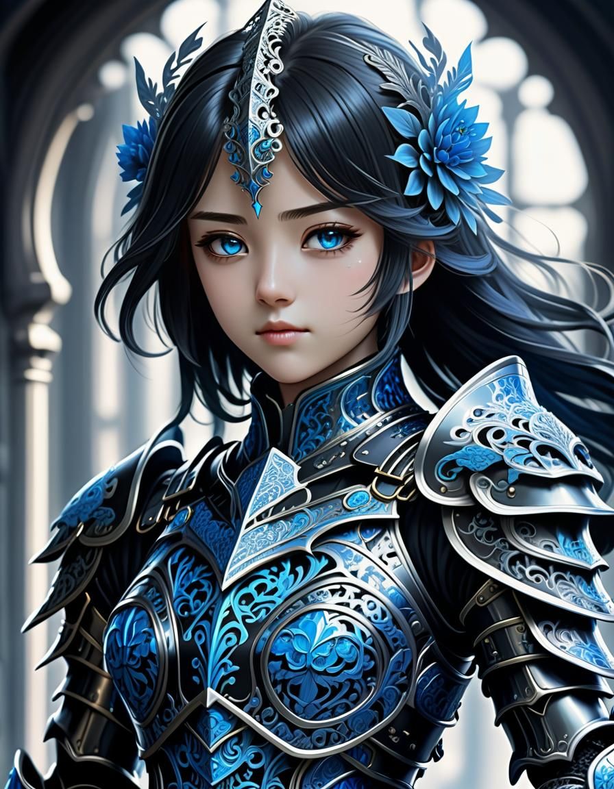 Anime Female Knight in Blue-Accented Armor