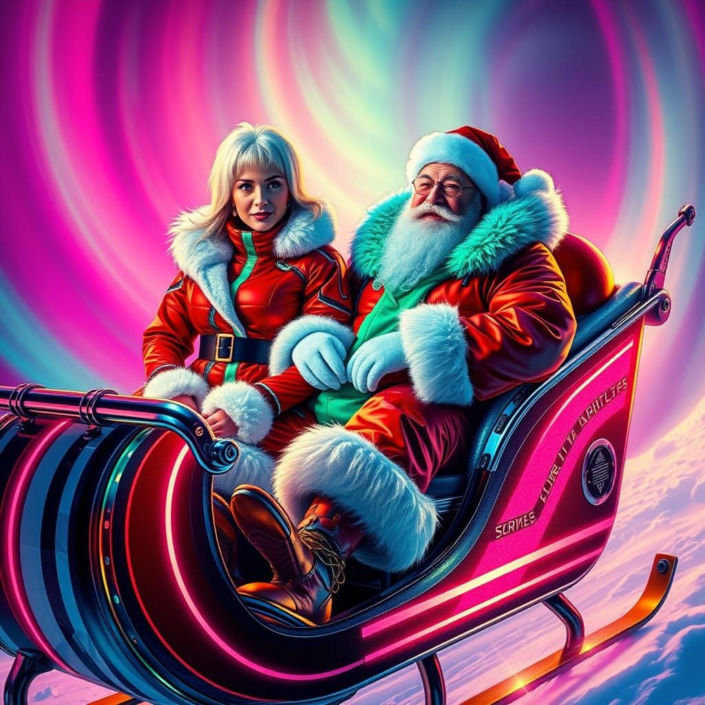 Cyberpunk Mrs. Claus and Santa Claus in Retro-Futuristic Sle...