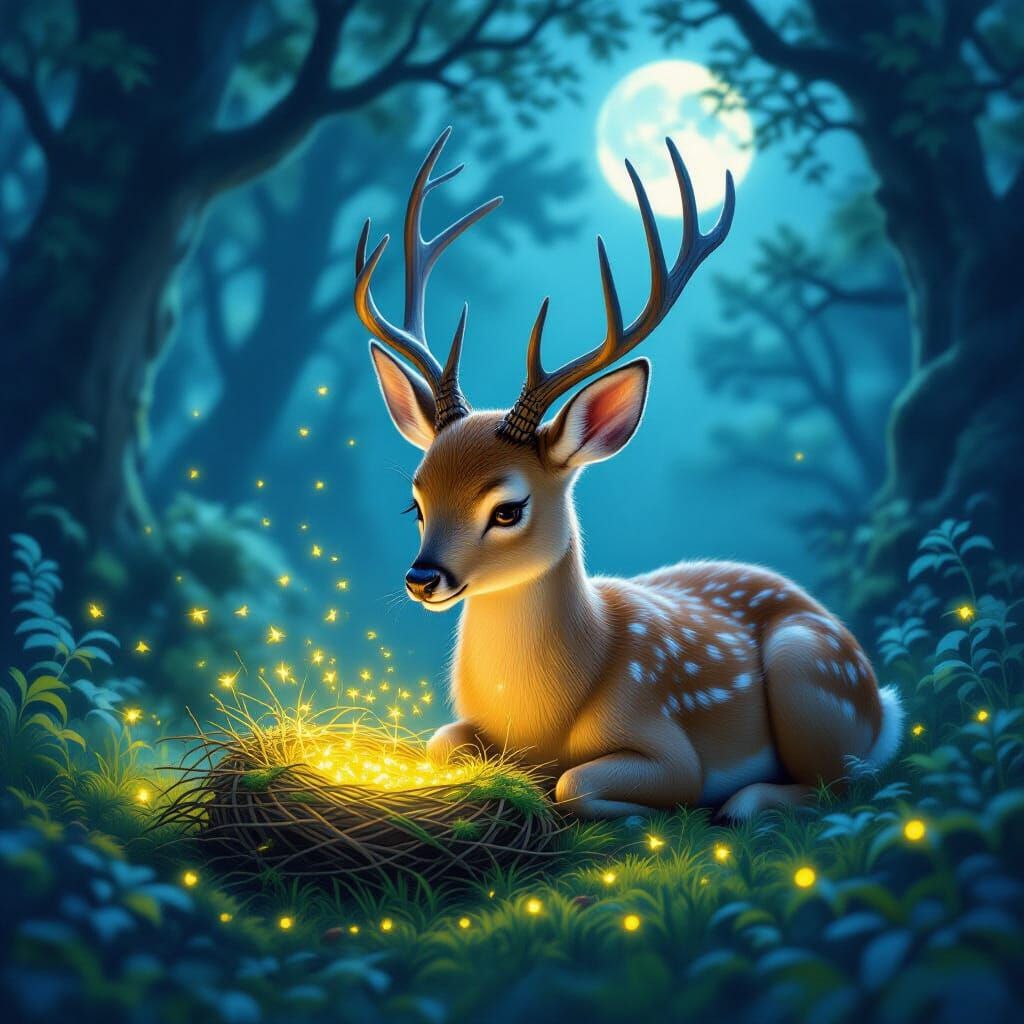 Gentle Doe Tends Firefly Nest in Moonlit Glade