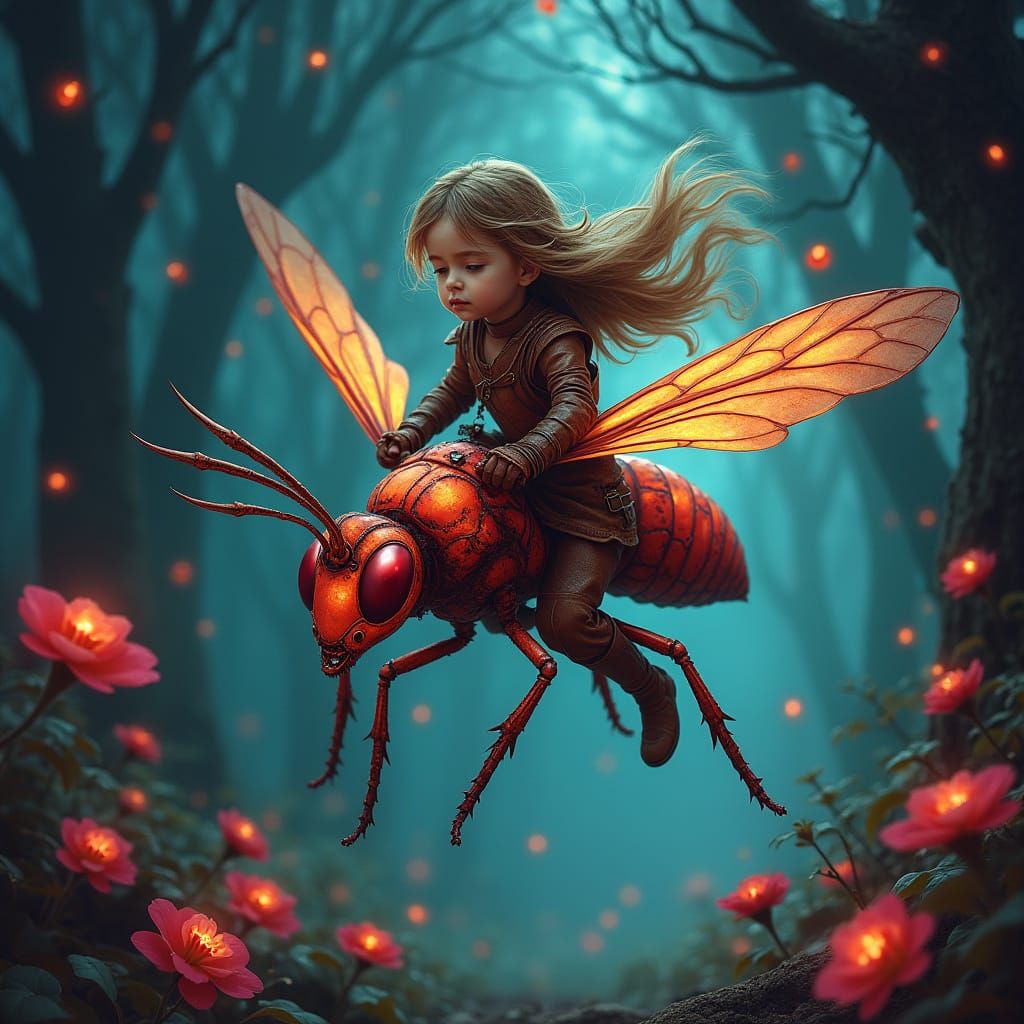 Warrior Fairy Soaring on Wasp in Enchanted Forest