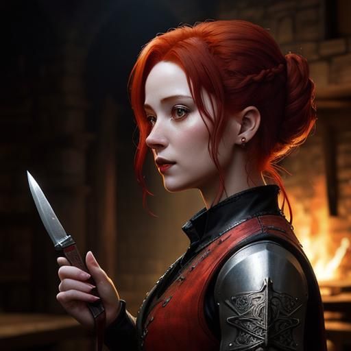 Red Haired Woman with Knife in Tavern, Hyperrealistic
