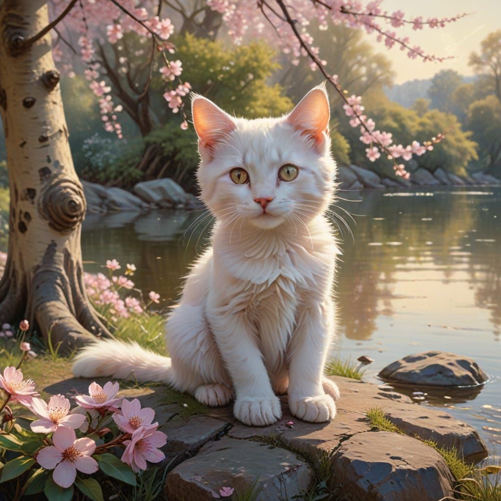 Serene Kitten Under Cherry Blossoms in Warm Light