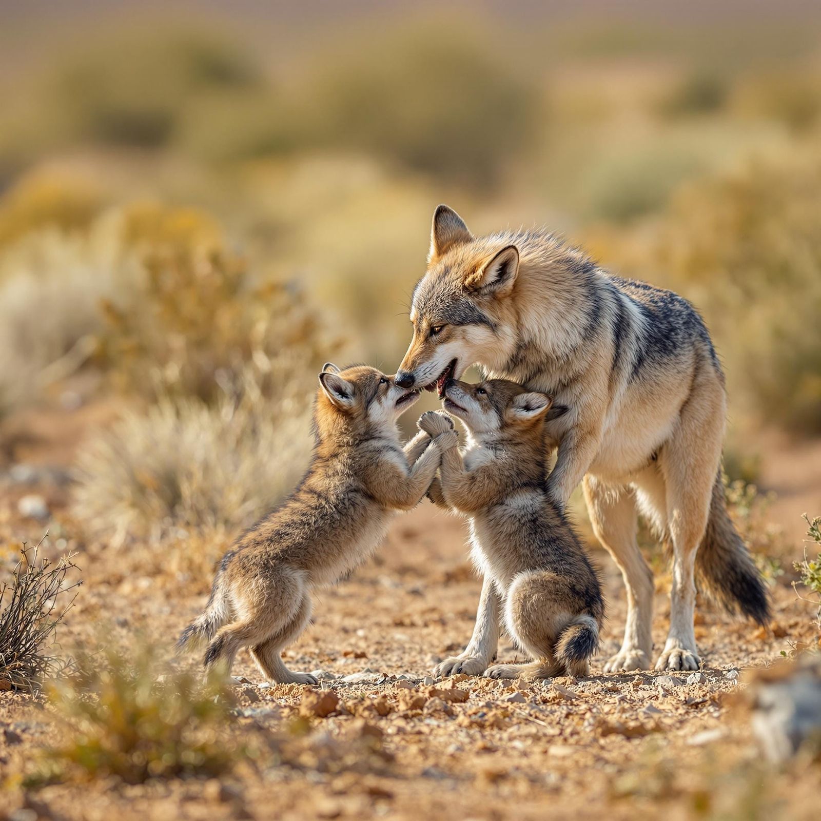 Grey Wolves Playing in the Desert