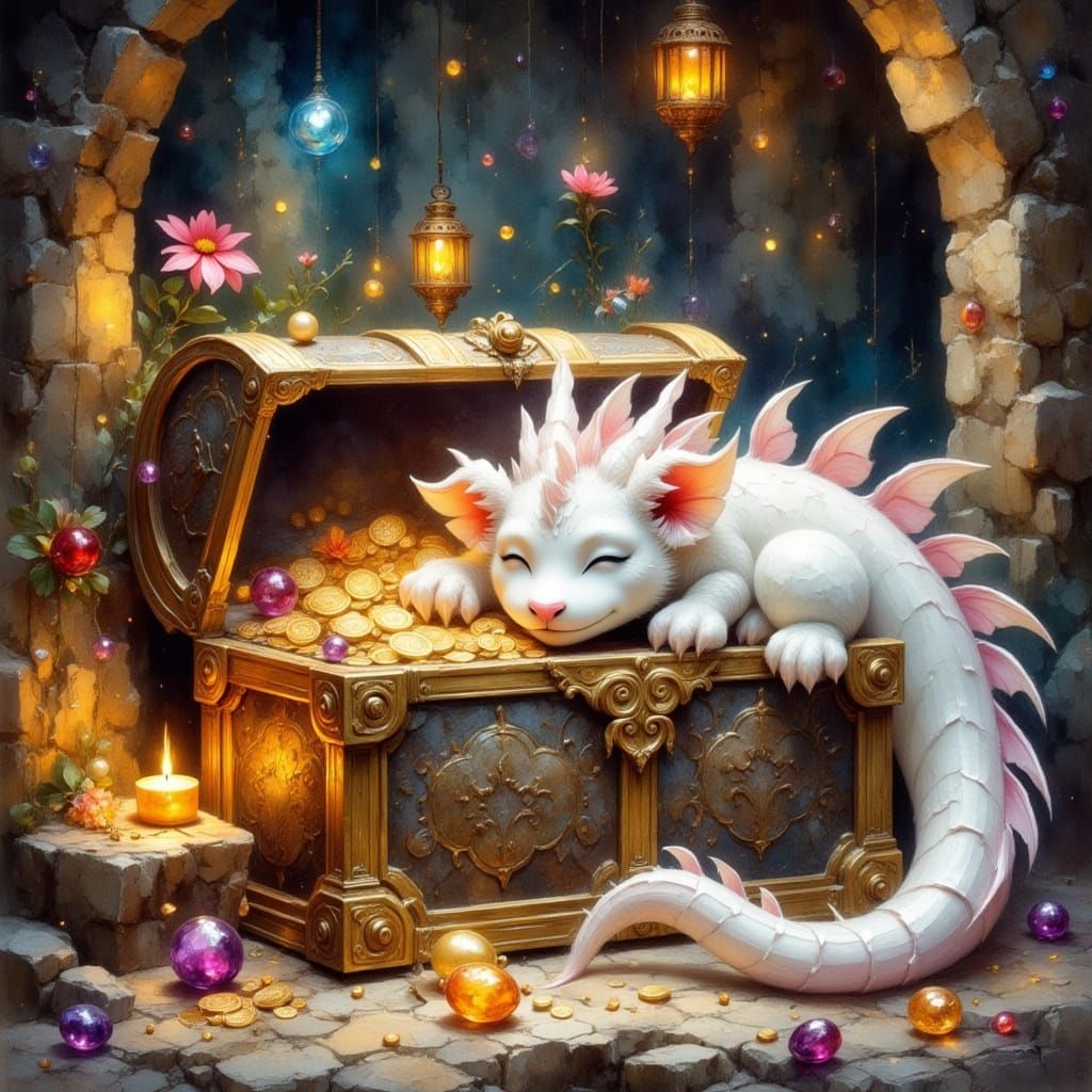 Sleeping Dragon Guarding Treasure in Watercolor Style