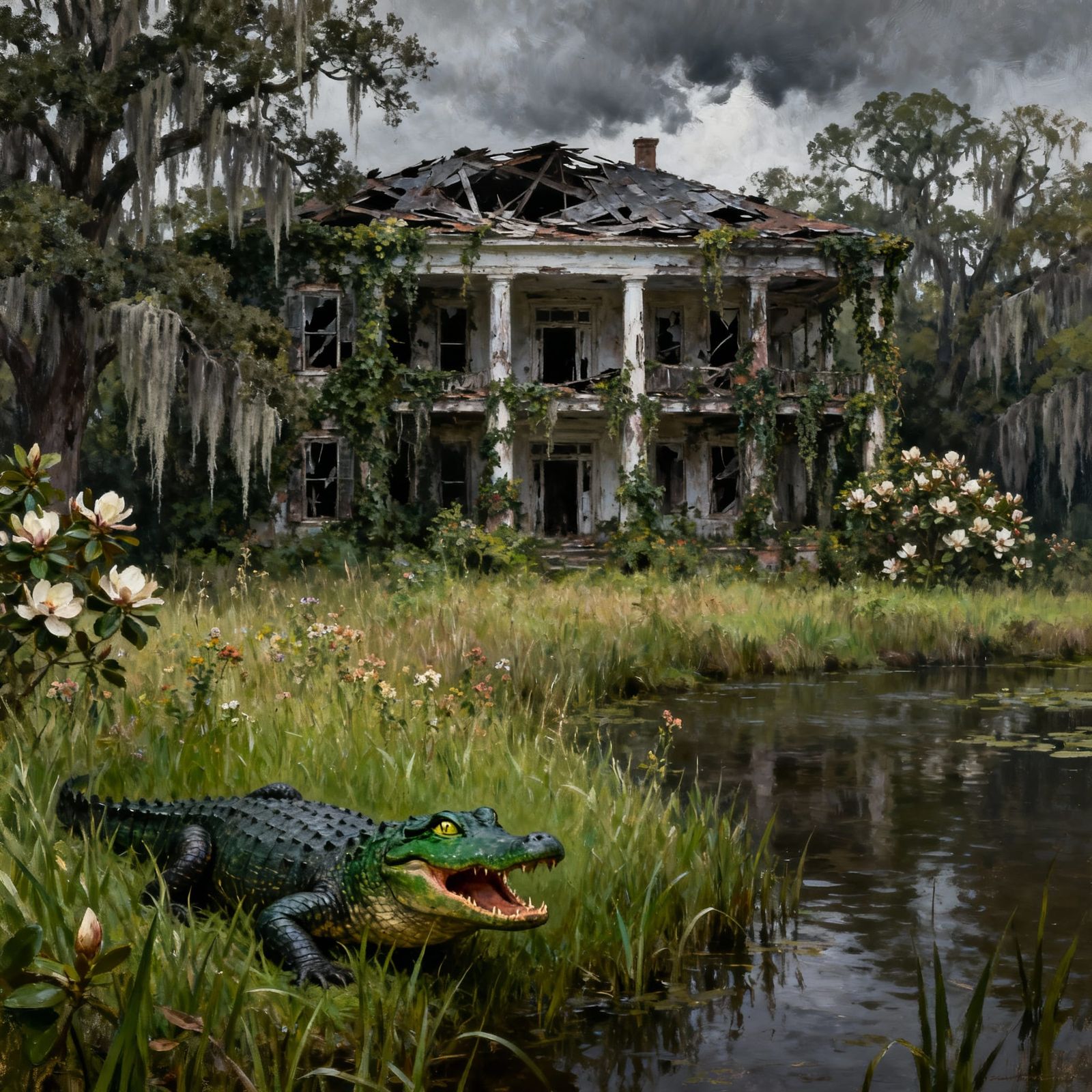 Ruined Antebellum Mansion Amidst Overgrown Bayou Landscape