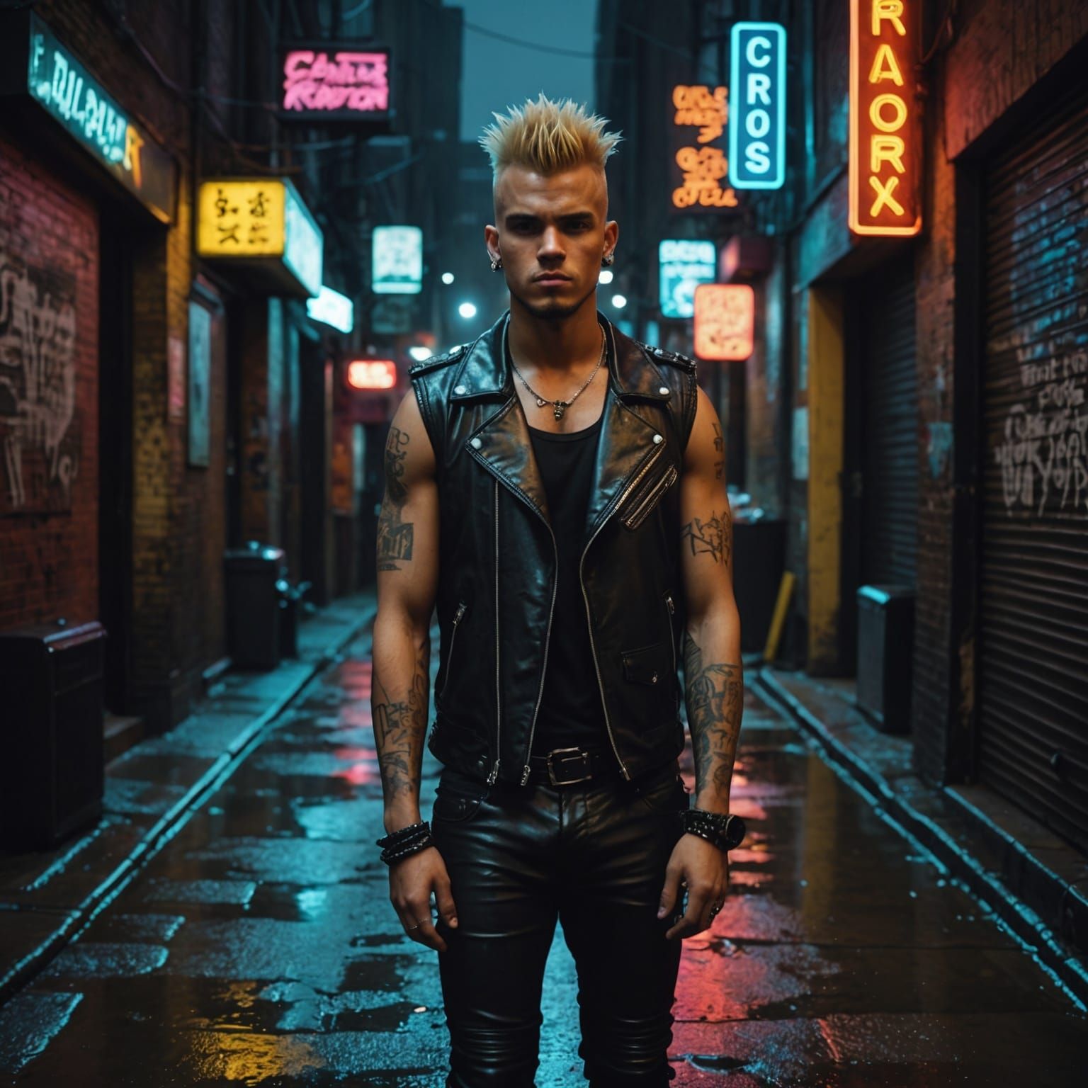 Punk in Rainy Alley with Neon Signs