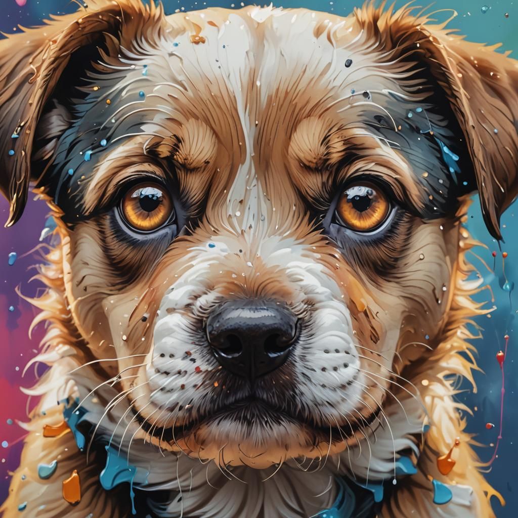 Sad Puppy Eyes: Hyperrealistic Splash Art Close-Up