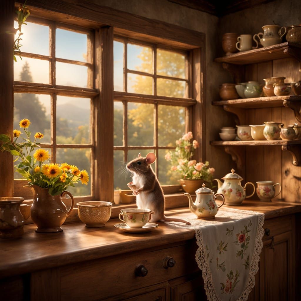 Whimsical Mouse Teatime in a Cozy Cottage