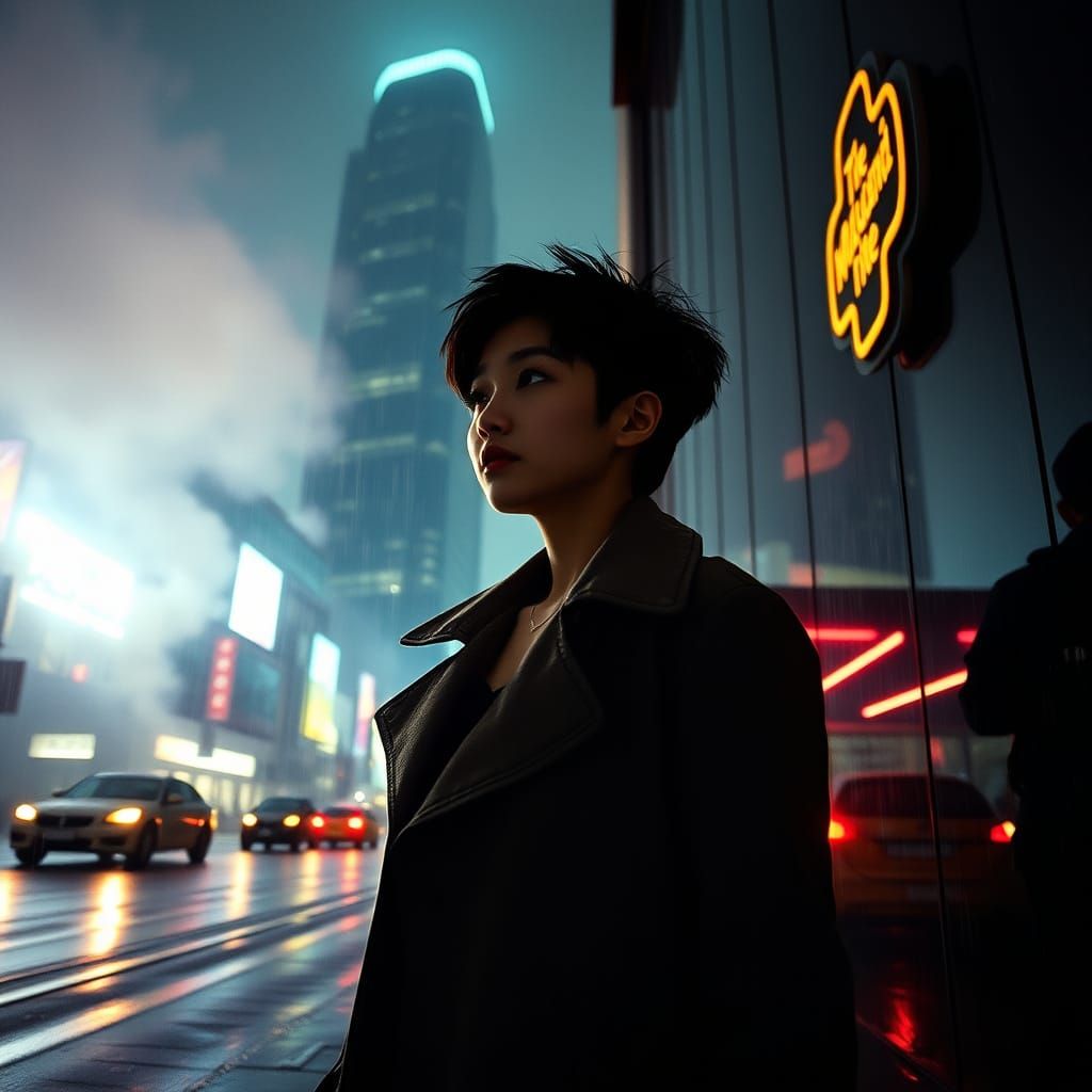 Gritty Noir Detective in Rainy Cityscape