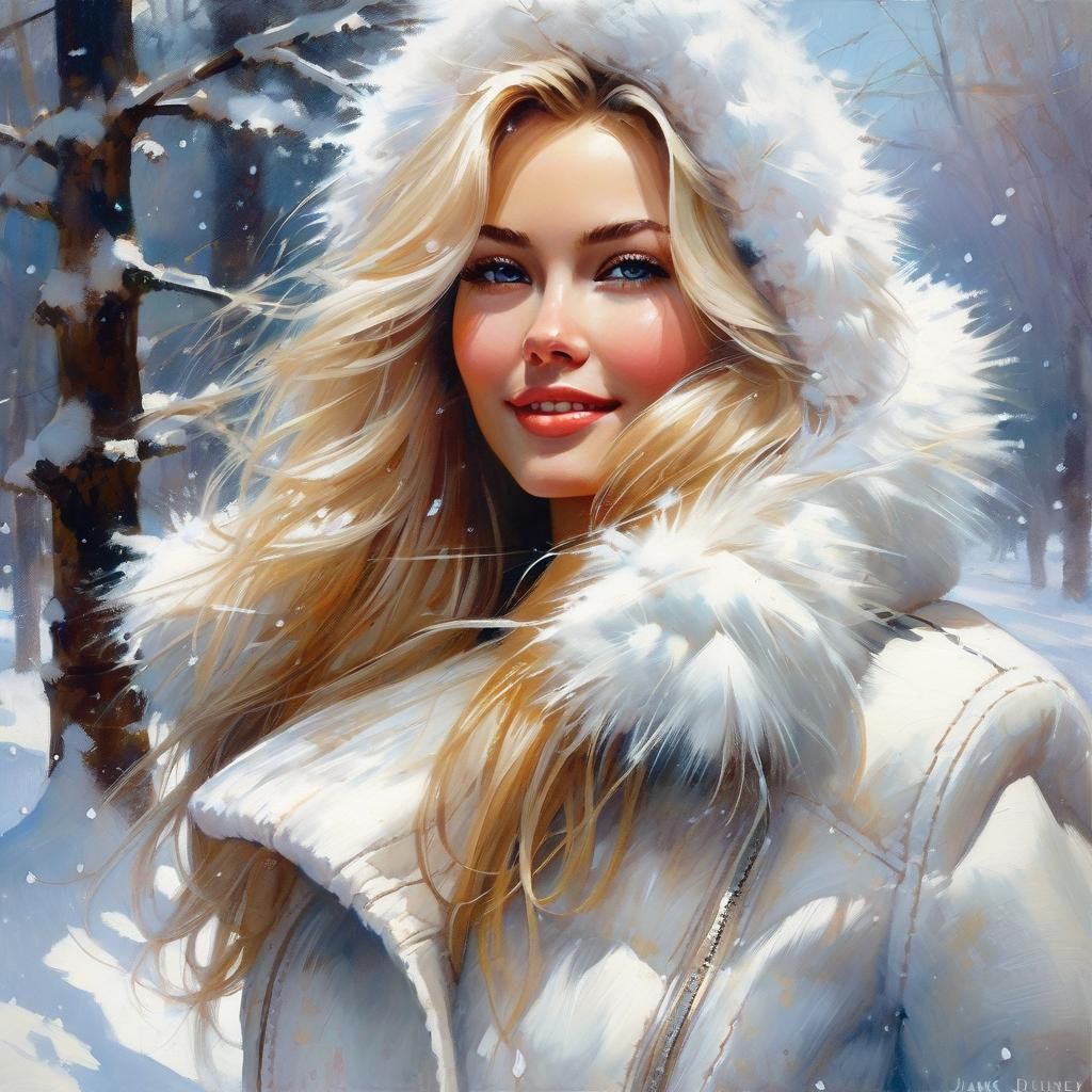 Blonde Woman in Snowy Woods, Splash Art Style
