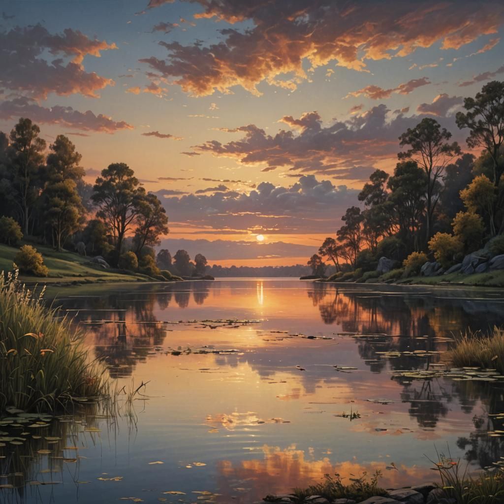 Hyperrealistic Lakeside Sunset in Golden Hour