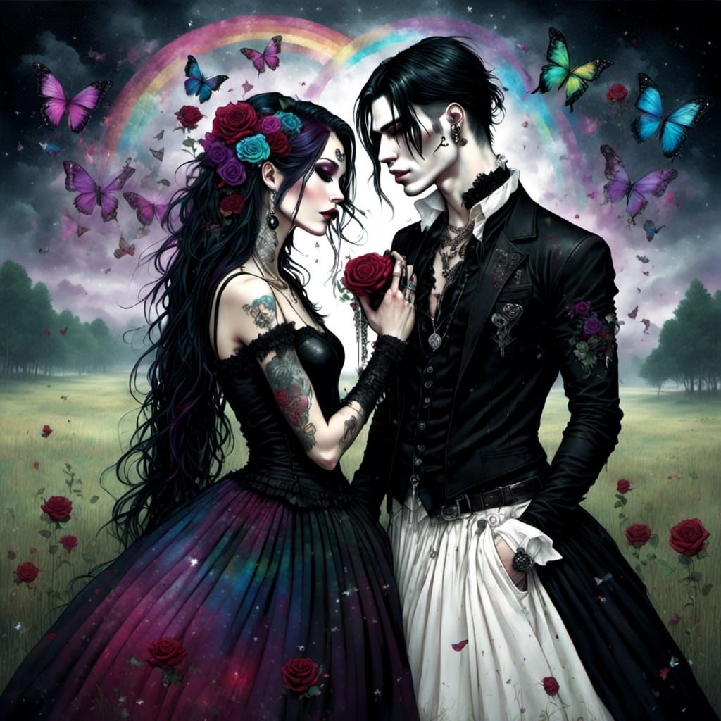 Romantic Gothic Gay Couple in Fantasy Meadow