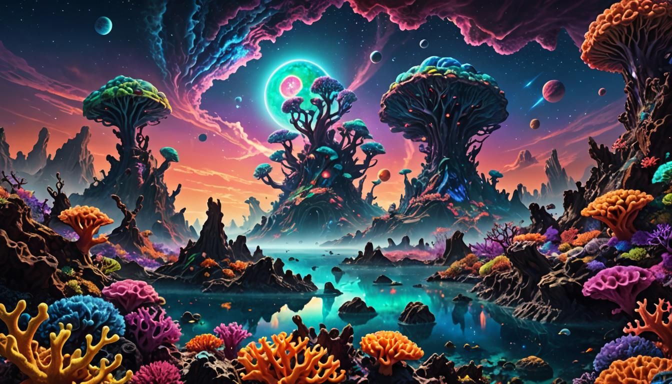 Alien Planet Landscape with Glowing Reef Corals