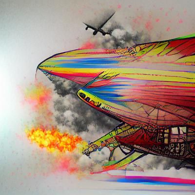 Flaming Zeppelin Crash: Colorful Ink Drawing