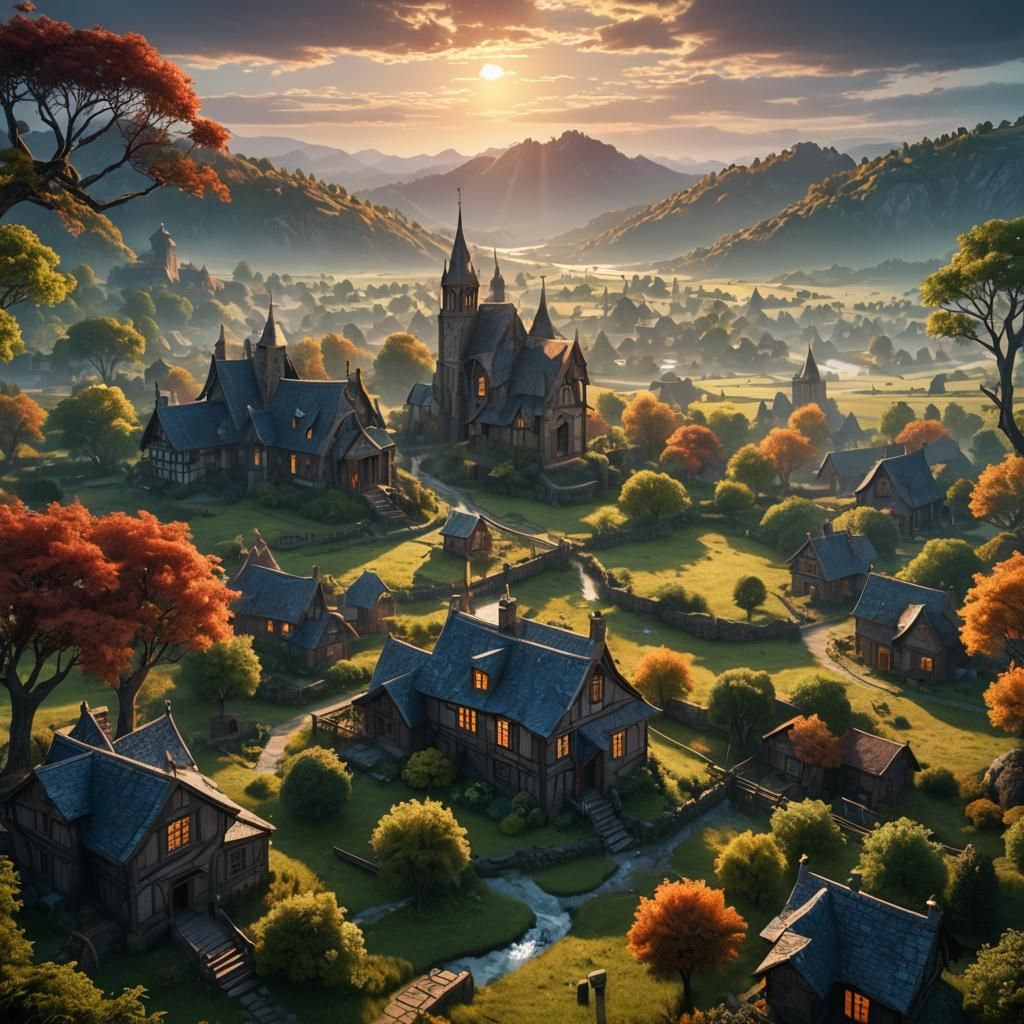 Country Sunrise: Detailed Fantasy Concept Art