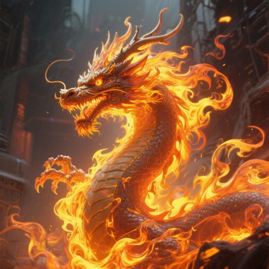 Majestic Fire Dragon Amidst Swirling Flames