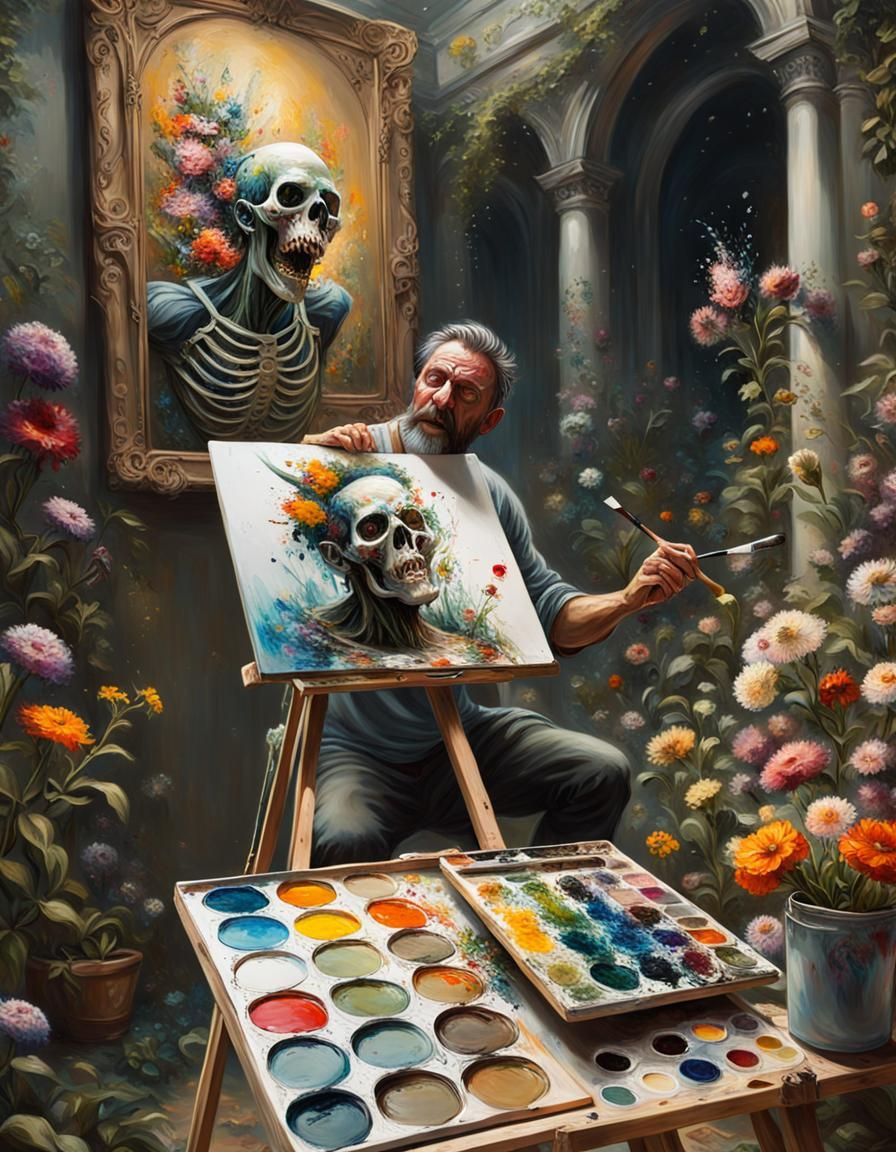 Artist Painting a Screaming Man: Fantasycore Maximalist Art