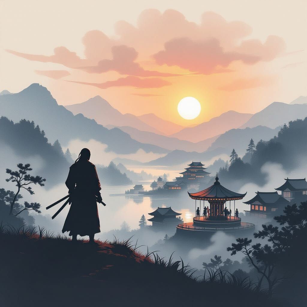 Ninja Overlooks Valley with Ink Wash Carousel