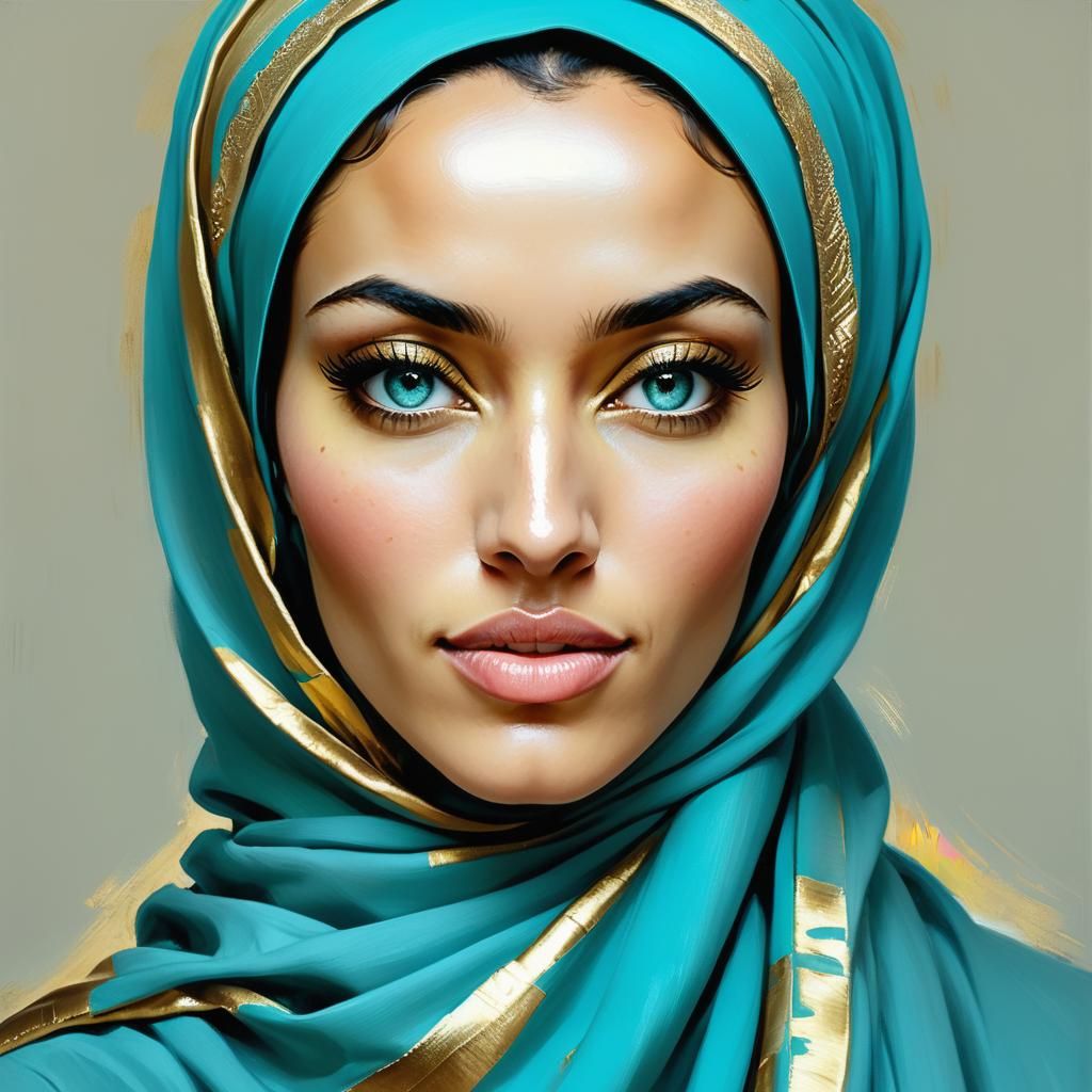 Woman in Turquoise Hijab: Oil-Gouache Portrait