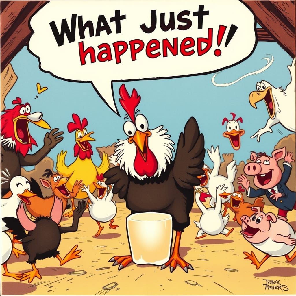 Exaggerated Cartoon Barnyard Chaos in Vibrant Colors