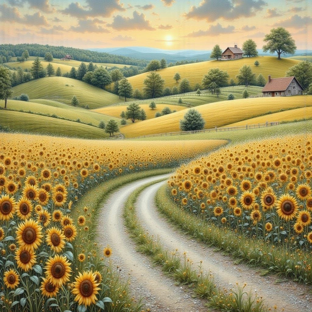 Sunflowers and Wheat Fields in Impressionist Style