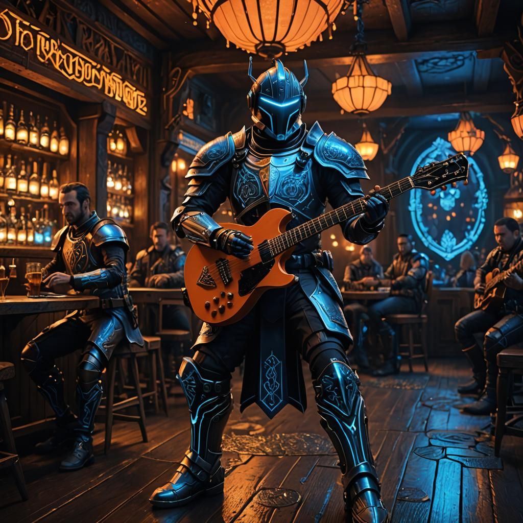Futuristic Knight Playing Guitar in Fantasy Tavern