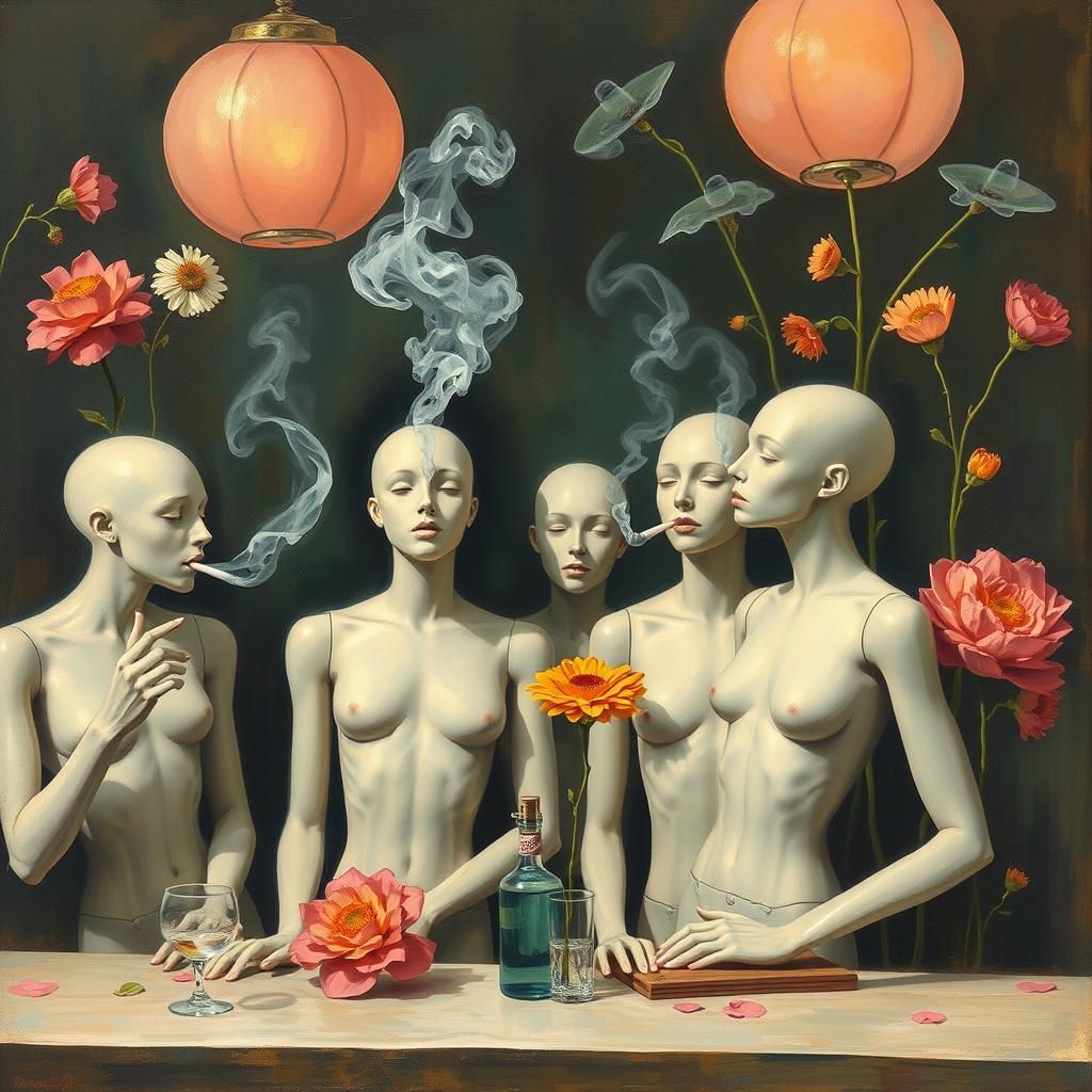 Surreal Mannequin Flower Eaters in Gouache Style