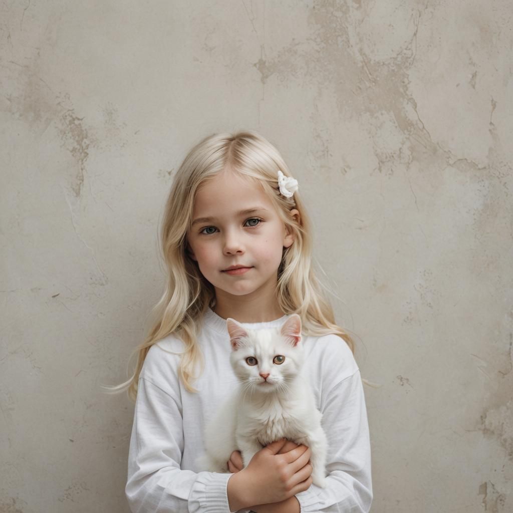 Blond Girl with White Cat Portrait