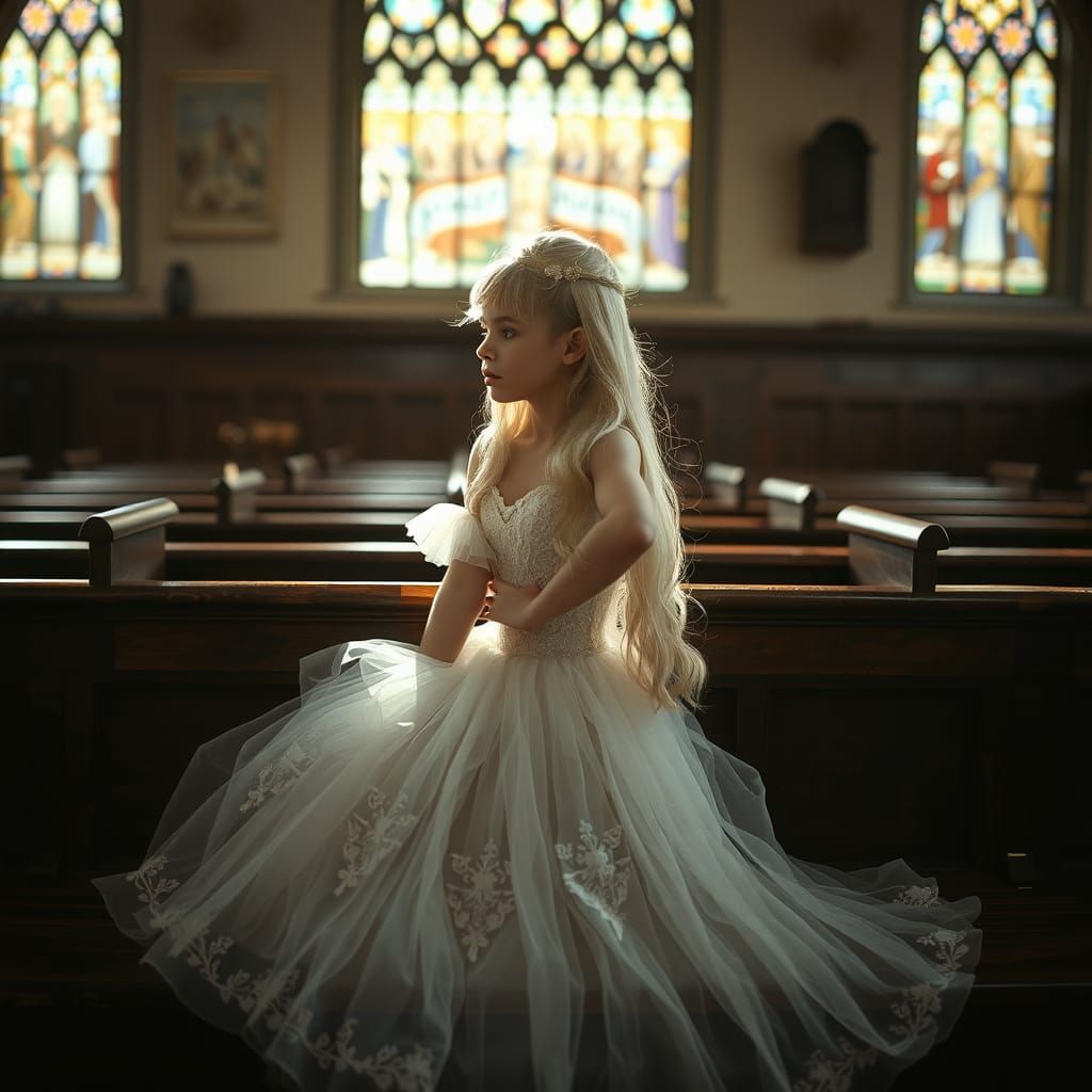 Boy in Tulle Dress in Church, Cinematic Style